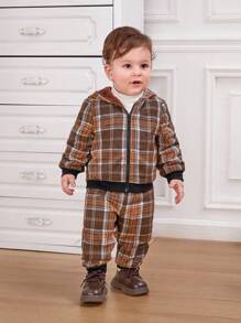 SHEIN Baby Boy Plaid Print Zip Up Hooded Teddy Lined Jacket & Pants
