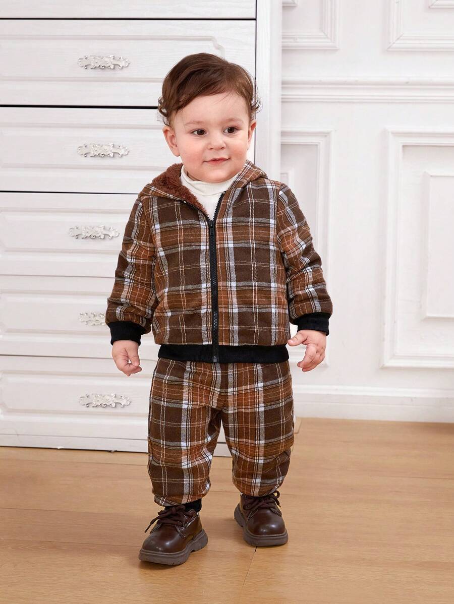 SHEIN Baby Boy Plaid Print Zip Up Hooded Teddy Lined Jacket & Pants