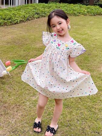 女小童波點圖案花卉刺繡荷葉邊連衣裙