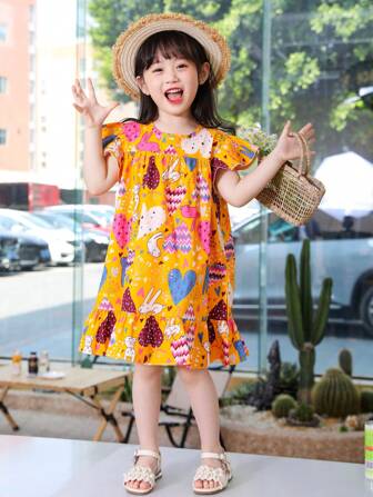 女小童愛心圖案荷葉邊娃娃裙