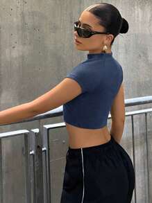 SHEIN ICON Letter Patched Detail Mock Neck Crop Tee - Blue - View 2