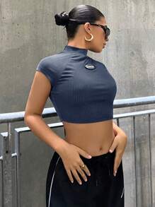 SHEIN ICON Letter Patched Detail Mock Neck Crop Tee - Blue - View 4