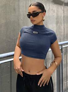 SHEIN ICON Letter Patched Detail Mock Neck Crop Tee - Blue - View 6