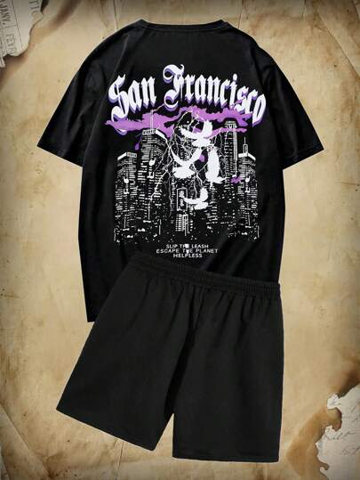 ROMWE MEN Academia 男士字母圖案T恤和腰部抽繩短褲