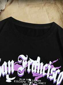 ROMWE MEN Academia 男士字母圖案T恤和腰部抽繩短褲 - 黑色 - 查看 5