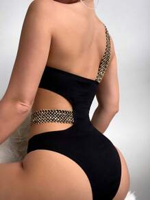 Swim Basics Summer Beach Textured Stitch Detail One Piece Swimsuit - Black - View 2