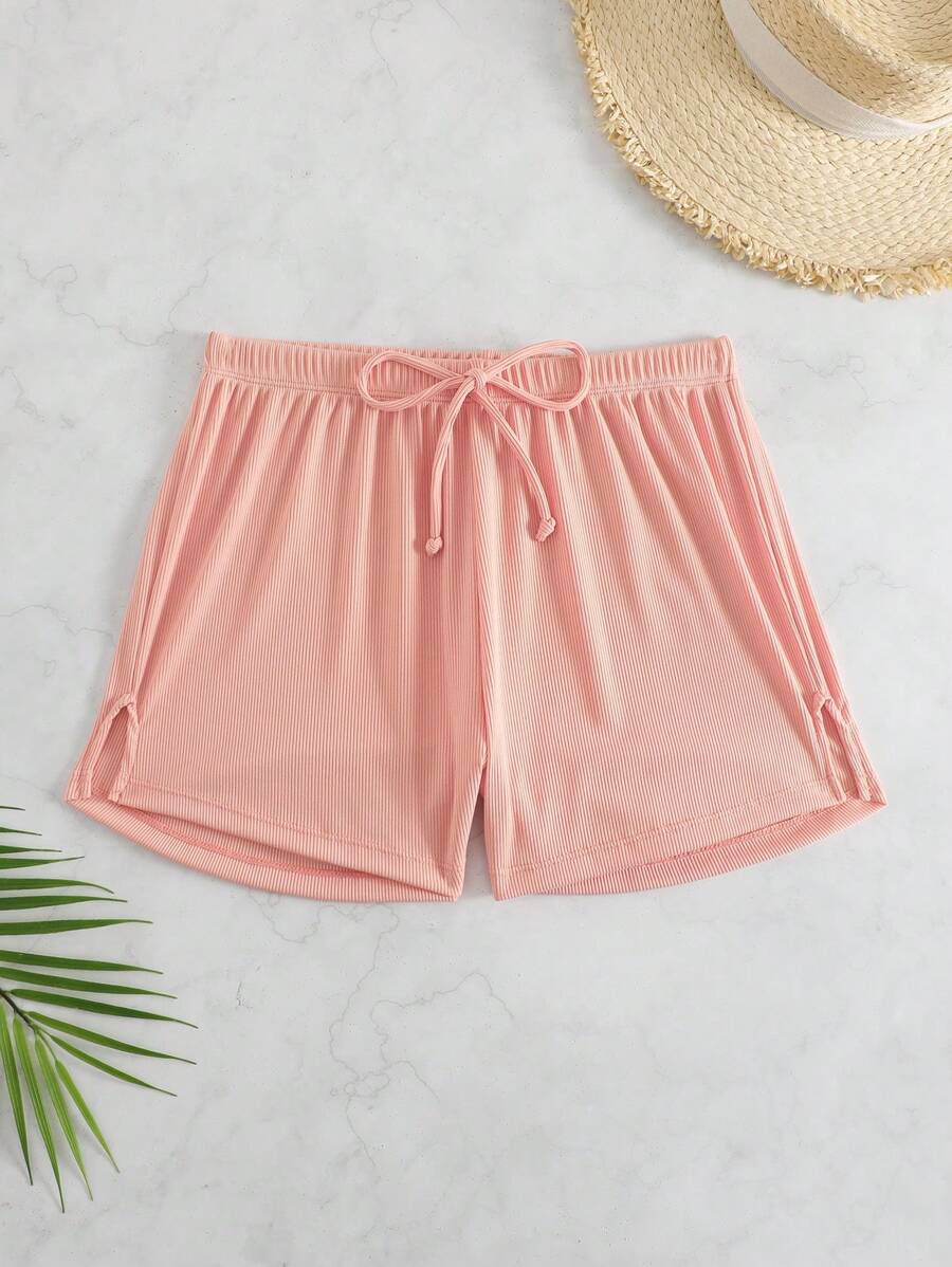 Solid Ribbed Knit Knot Front Bikini Bottom - Baby Pink - View 1