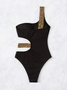 Swim Basics Summer Beach Textured Stitch Detail One Piece Swimsuit - Black - View 4