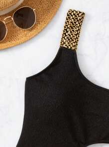 Swim Basics Summer Beach Textured Stitch Detail One Piece Swimsuit - Black - View 5