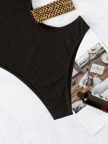 Swim Basics Summer Beach Textured Stitch Detail One Piece Swimsuit - Black - View 6