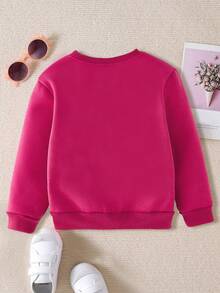 SHEIN 少女1入組休閒時尚汽車和字母圖案印花圓領毛絨衛衣,適用於秋冬季節 - 玫紅色 - 查看 2