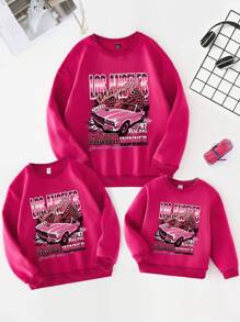SHEIN 少女1入組休閒時尚汽車和字母圖案印花圓領毛絨衛衣,適用於秋冬季節 - 玫紅色 - 查看 3