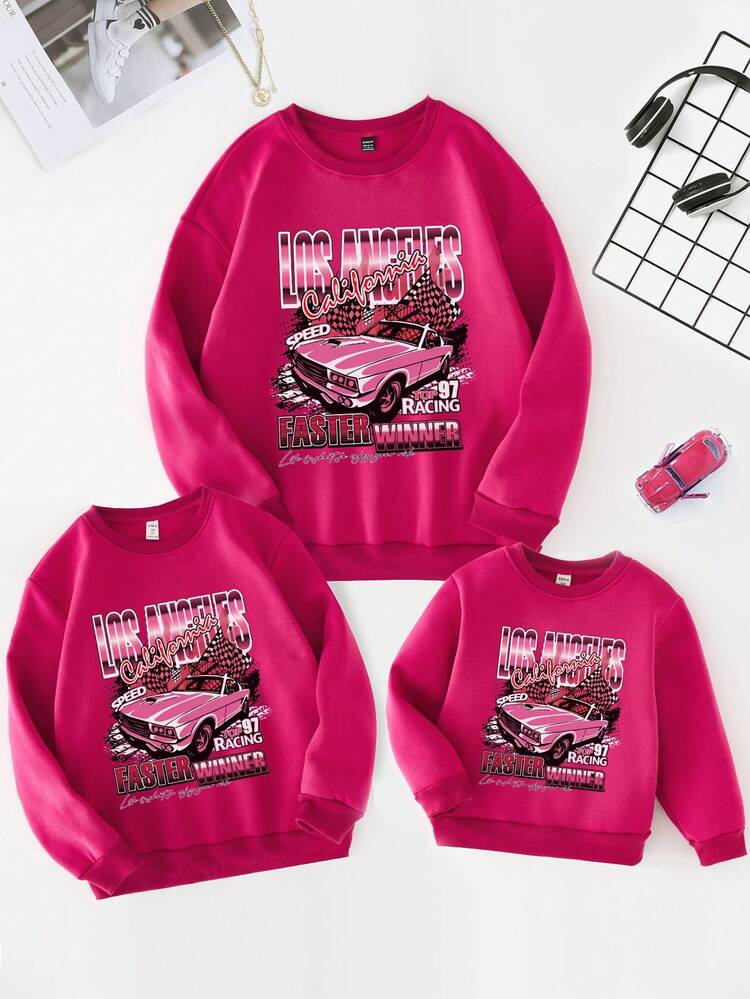 SHEIN 少女1入組休閒時尚汽車和字母圖案印花圓領毛絨衛衣,適用於秋冬季節 - 玫紅色 - 查看 3