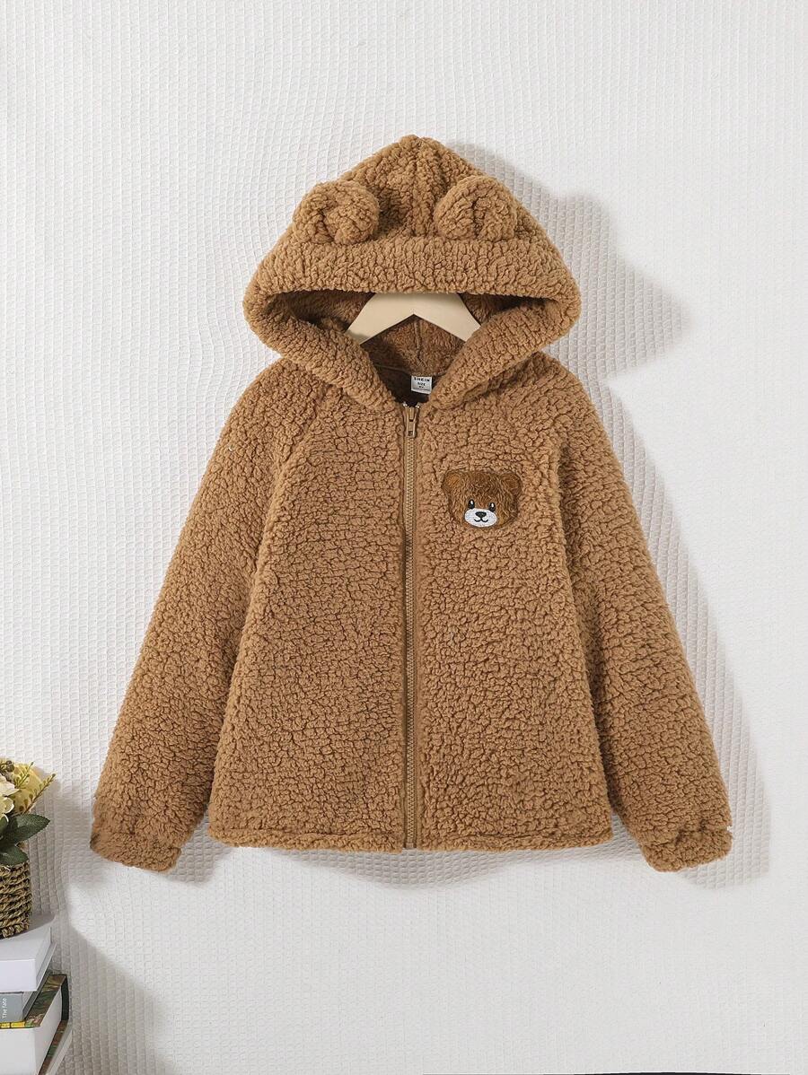 SHEIN Cô gái Tween Thêu Gấu Thiết kế tai 3D áo có mũ Áo Teddy Jackets - màu nâu - Xem 1