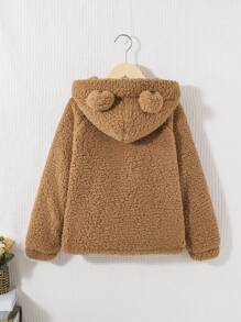 SHEIN Cô gái Tween Thêu Gấu Thiết kế tai 3D áo có mũ Áo Teddy Jackets - màu nâu - Xem 2