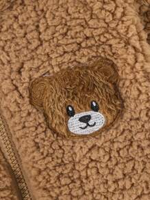 SHEIN Cô gái Tween Thêu Gấu Thiết kế tai 3D áo có mũ Áo Teddy Jackets - màu nâu - Xem 3