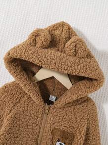 SHEIN Cô gái Tween Thêu Gấu Thiết kế tai 3D áo có mũ Áo Teddy Jackets - màu nâu - Xem 4