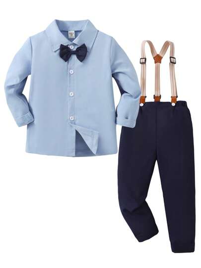 SHEIN Young Boy Gentleman 2pcs Set Long Sleeve Shirt + Suspender Pants, Formal Elegant Suit For Birthday Party, Wedding, Christening, Anniversary, Graduation