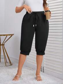 SHEIN LUNE Plus Drawstring Waist Pants - Black - View 1