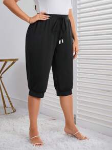 SHEIN LUNE Plus Drawstring Waist Pants - Black - View 3