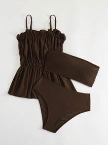 Ruffle Hem Bandeau Tankini - Coffee Brown - View 3