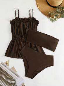 Ruffle Hem Bandeau Tankini - Coffee Brown - View 1