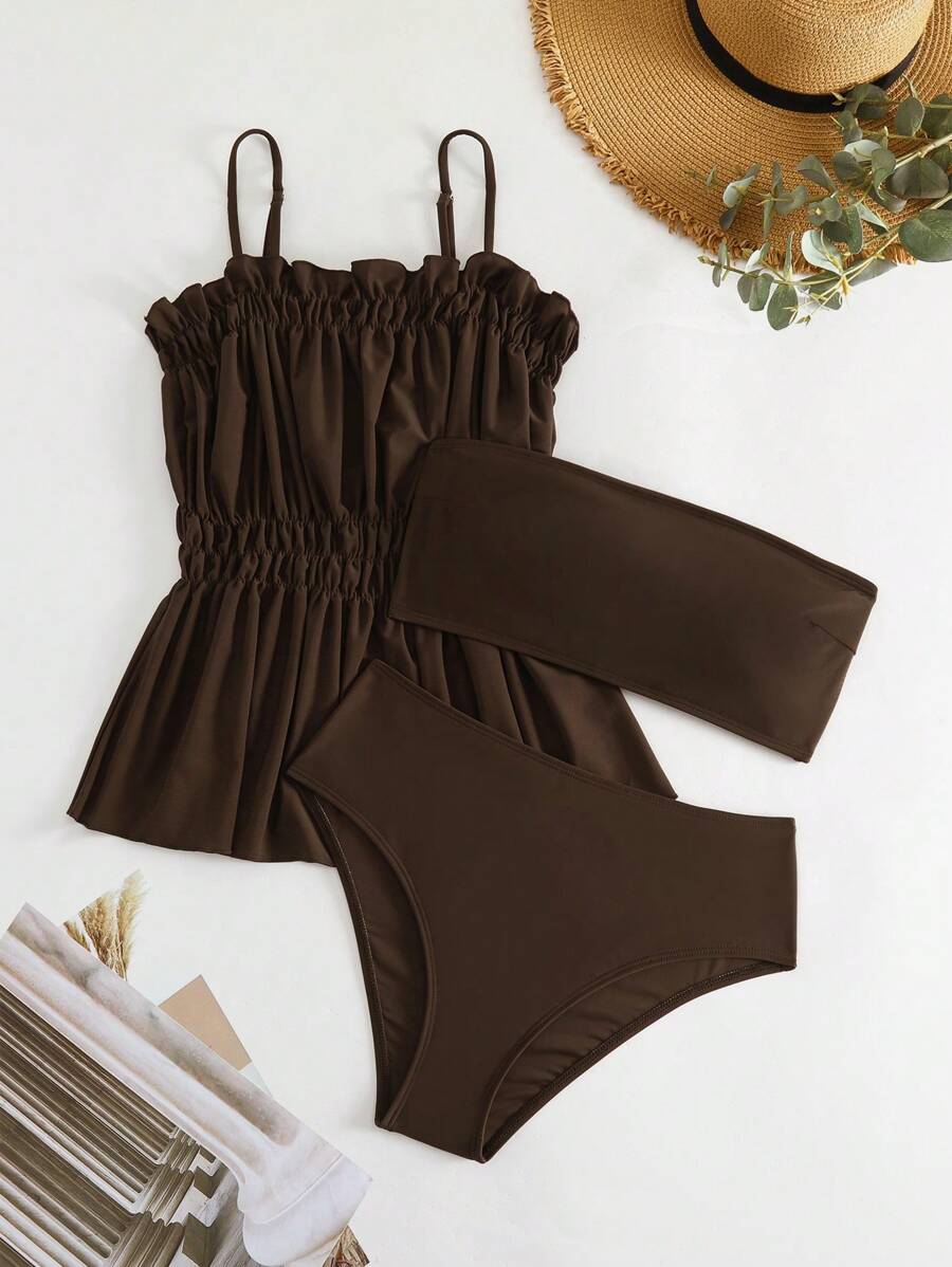Ruffle Hem Bandeau Tankini - Coffee Brown - View 1