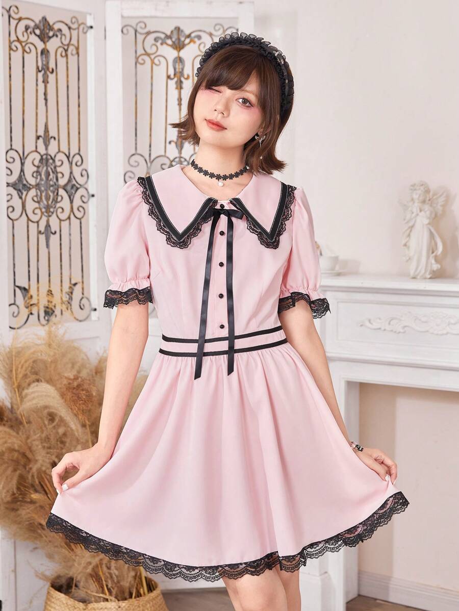 ROMWE Kawaii Viền Lace tương phản Cổ áo rộng Đầm - Màu Hồng baby - Xem 1