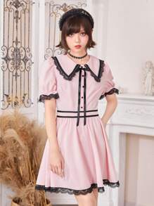 ROMWE Kawaii Viền Lace tương phản Cổ áo rộng Đầm - Màu Hồng baby - Xem 2