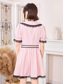 ROMWE Kawaii Viền Lace tương phản Cổ áo rộng Đầm - Màu Hồng baby - Xem 3