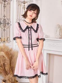 ROMWE Kawaii Viền Lace tương phản Cổ áo rộng Đầm - Màu Hồng baby - Xem 5