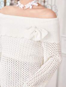 ROMWE Kawaii Off Shoulder Bow Front Pointelle Knit Sweater - White - View 3