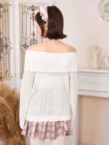 ROMWE Kawaii Off Shoulder Bow Front Pointelle Knit Sweater - White - View 5
