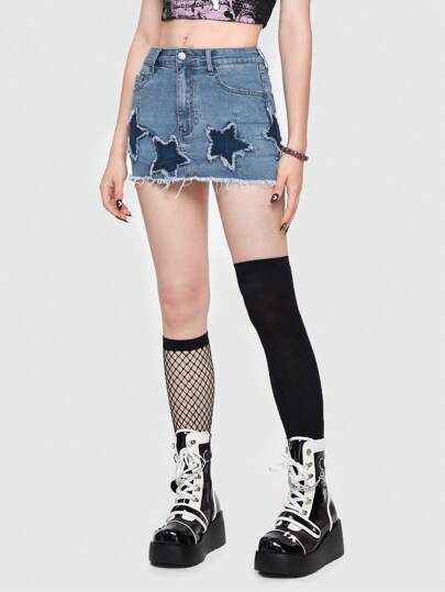 Grunge Punk Star Patched Raw Hem Denim Skirt