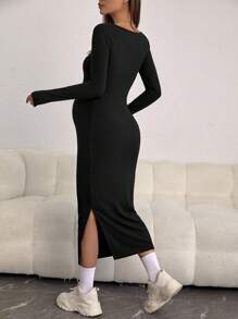 SHEIN 孕婦方領高衩條紋針織緊身連衣裙 - 黑色 - 查看 2