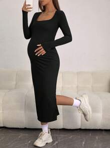 SHEIN 孕婦方領高衩條紋針織緊身連衣裙 - 黑色 - 查看 4