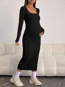 SHEIN 孕婦方領高衩條紋針織緊身連衣裙 - 黑色 - 查看 5