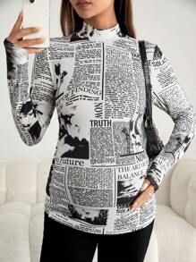 SHEIN Maternity Slogan Graphic Mock Neck Tee - Black and White - View 1