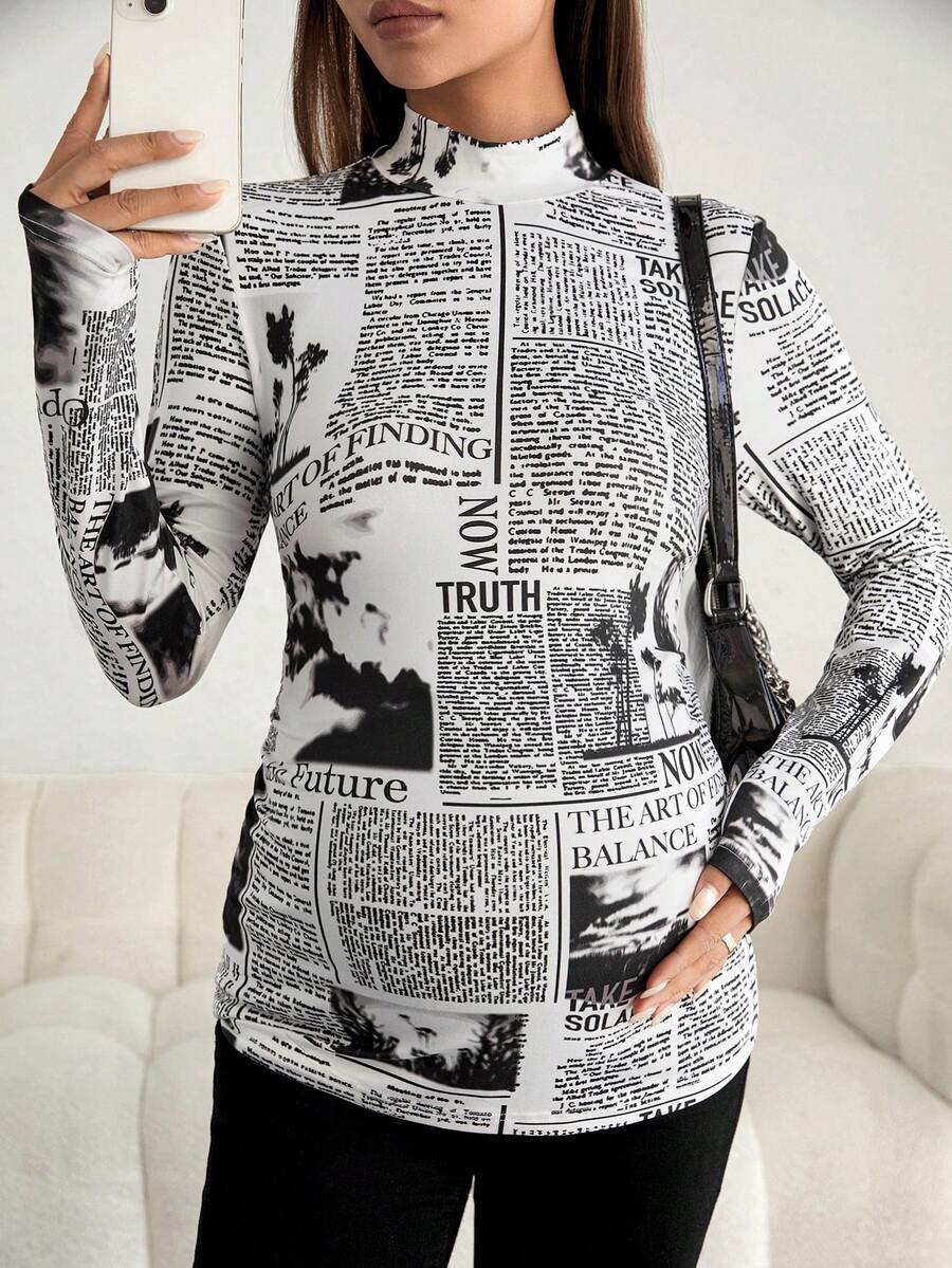 SHEIN Maternity Slogan Graphic Mock Neck Tee - Black and White - View 1