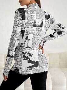 SHEIN Maternity Slogan Graphic Mock Neck Tee - Black and White - View 2