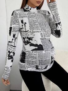 SHEIN Maternity Slogan Graphic Mock Neck Tee - Black and White - View 3