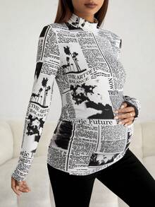 SHEIN Maternity Slogan Graphic Mock Neck Tee - Black and White - View 4