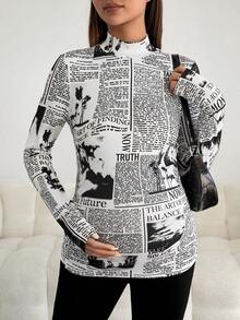 SHEIN Maternity Slogan Graphic Mock Neck Tee - Black and White - View 5