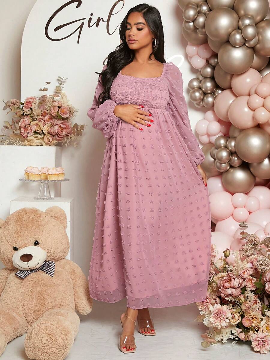 Loomaby Gender Reveal Dress Solid Color Dress For Pregnant Women, Baby Shower Maternity Dress - Dusty Pink - View 1