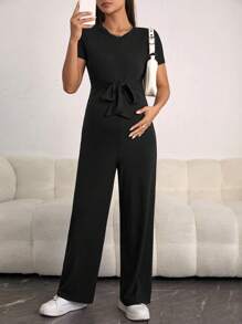 SHEIN Màu thuần Mặt trước Buộc Thai sản Áo liền quần - màu đen - Xem 2