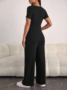 SHEIN Màu thuần Mặt trước Buộc Thai sản Áo liền quần - màu đen - Xem 3