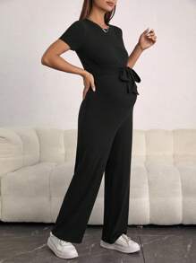 SHEIN Màu thuần Mặt trước Buộc Thai sản Áo liền quần - màu đen - Xem 4