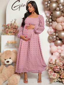 Loomaby Gender Reveal Dress Solid Color Dress For Pregnant Women, Baby Shower Maternity Dress - Dusty Pink - View 4