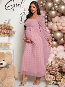 Loomaby Gender Reveal Dress Solid Color Dress For Pregnant Women, Baby Shower Maternity Dress - Dusty Pink - View 5
