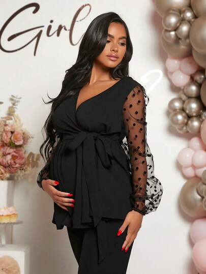 Loomaby Maternity Wrap Knotted Polka Dot Mesh Patchwork Long Sleeve Fashionable Blouse, Suitable For Baby Shower Gifts